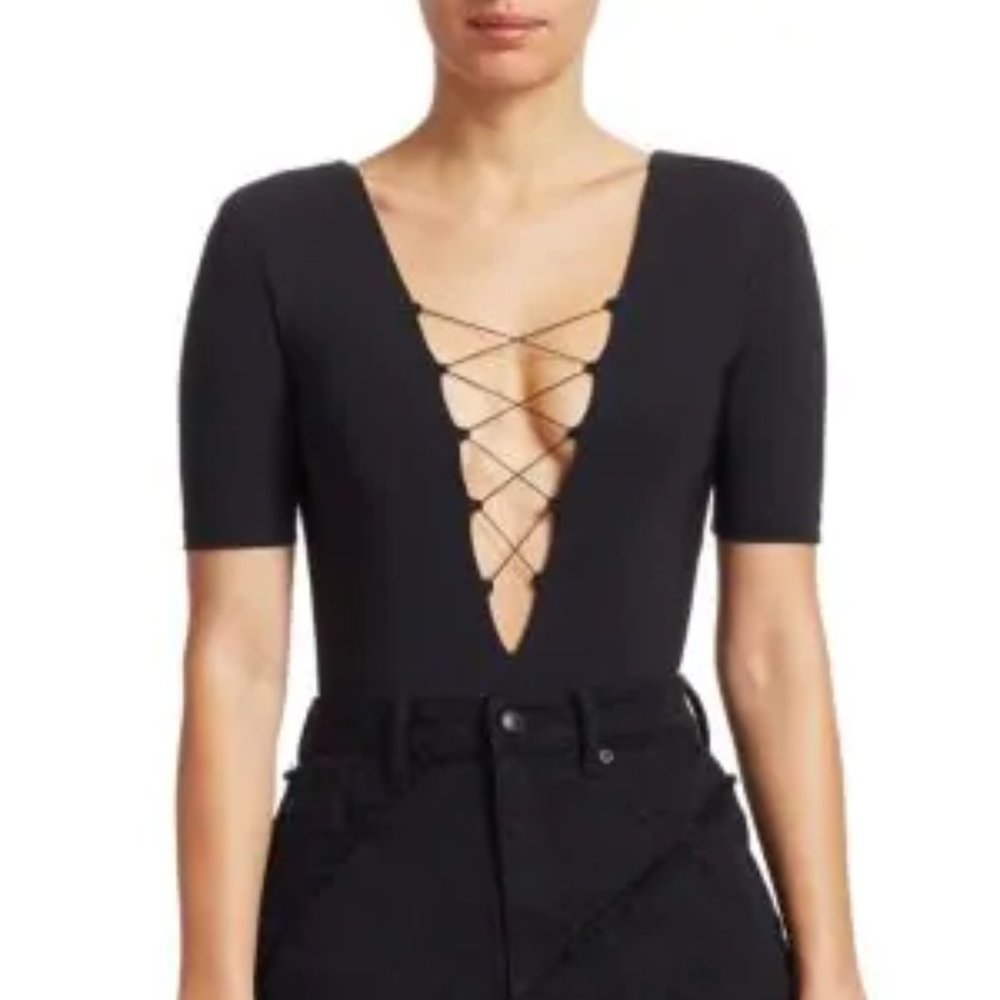 alexanderwang.t Lace Up Black Stretch V-neck Bodysuit M